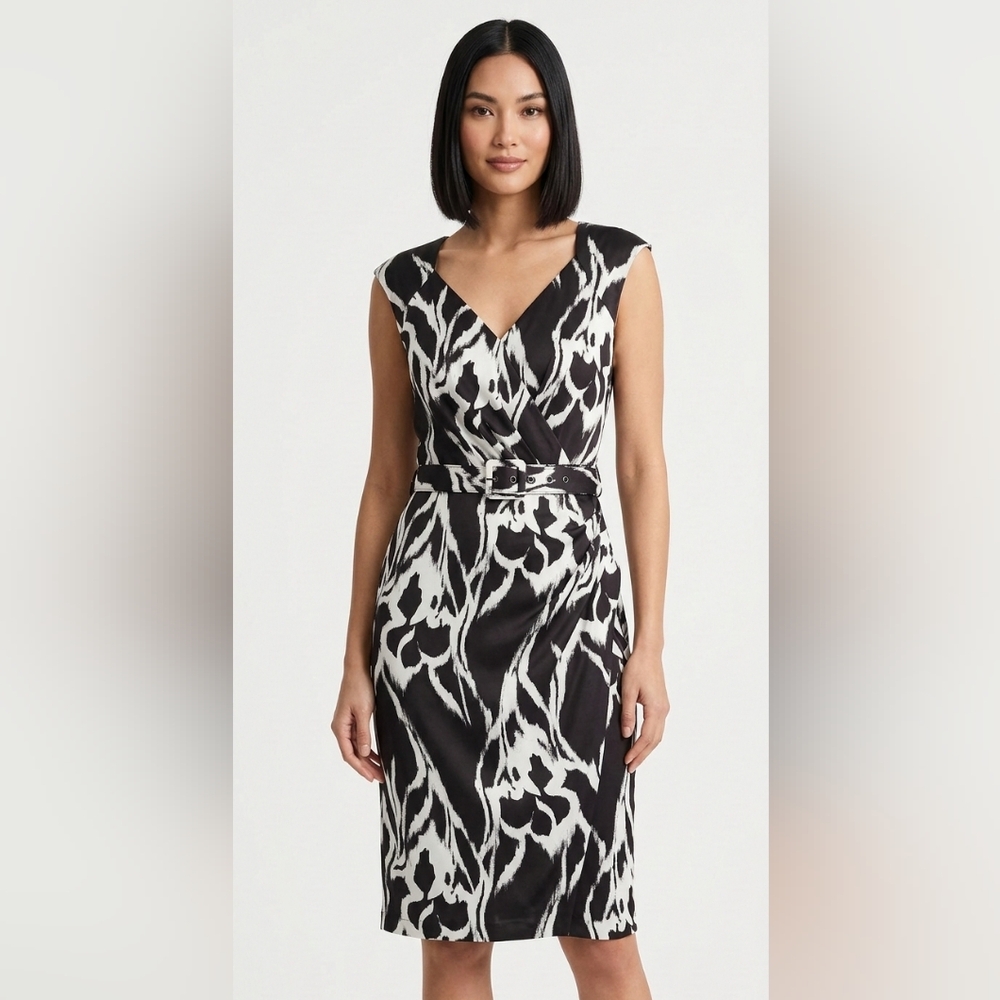 NWT WHBM Black & White Abstract Print Belted Midi Dress Size 2